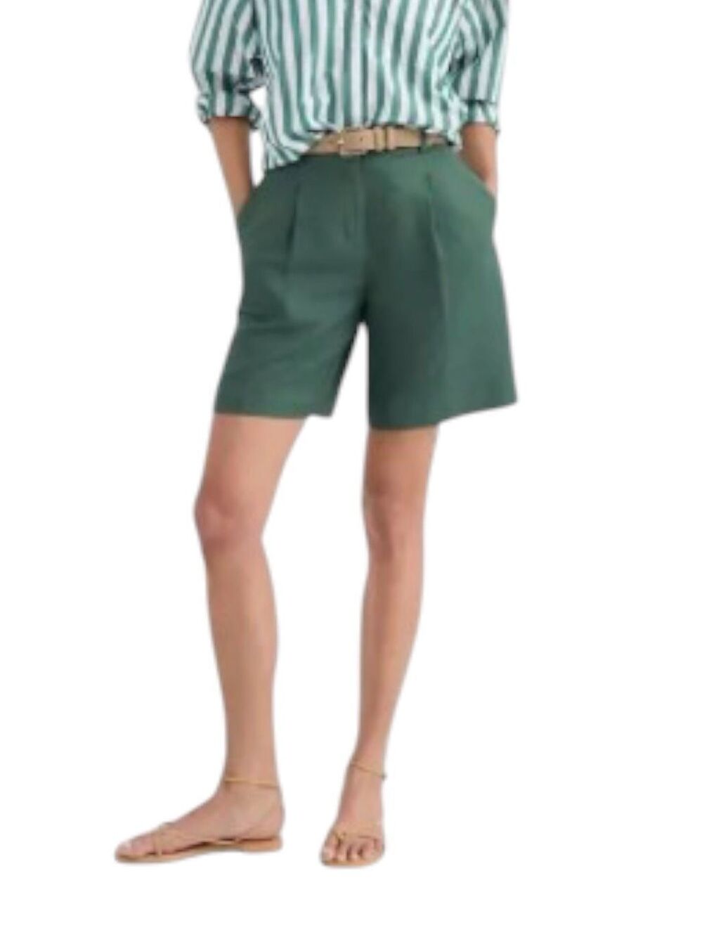 NEW Loft Pleated Bermuda Shorts Size 10 Petite Dark Green Linen Blend Pockets